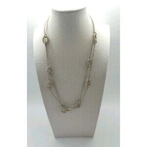 Long Ann Taylor 40" Rhinestone Pave Crystal Necklace VIntage Silver Tone Boho